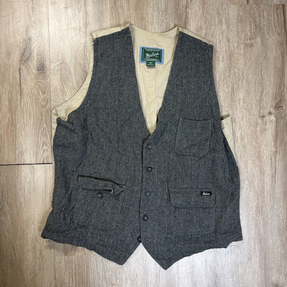 Woolrich Wool Blend Vest Size XL Men's Herringbone Gray Button Up